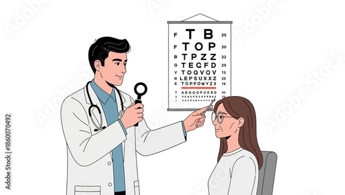 Ophthalmologist meticulously examining a female patient's vision with a magnifier, performing a comprehensive eye check-up against a standard chart for optimal eye health assessment