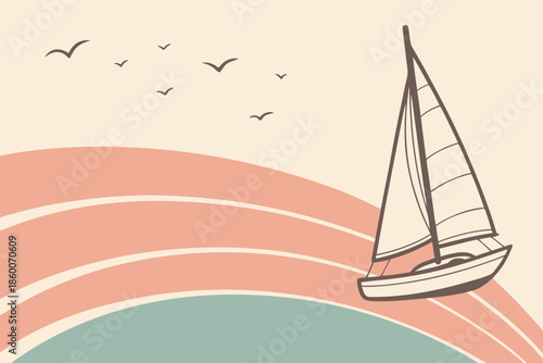A majestic white sailboat with billowing sails glides across the deep blue ocean under a sunny sky, capturing the essence of a luxury summer yachting vacation and nautical travel