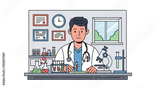 Professional male doctor or scientist conducting important research in a well-equipped laboratory, surrounded by various scientific tools and medical instruments