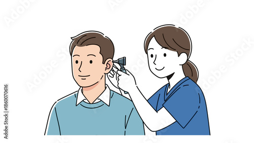Medical professional performing an ear examination on a patient using an otoscope for hearing health check-up and diagnostics. Illustration of healthcare consultation