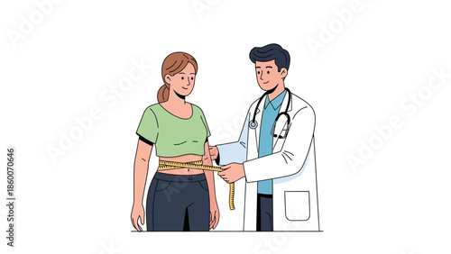Healthcare professional carefully measures a female patient's waist circumference during a routine health check-up, symbolizing body wellness, fitness progress, and a commitment to a healthy lifestyle