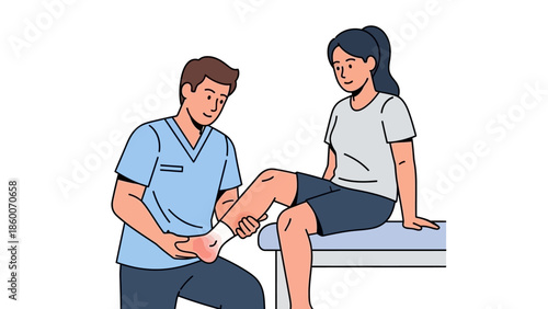 Healthcare professional examining a patient's ankle injury, providing physiotherapy or medical consultation for pain relief and recovery