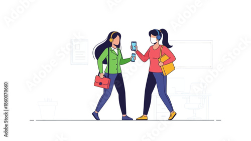 Two contemporary women walking, focused on their smartphones, with one wearing a face mask, reflecting modern social interaction, digital connectivity, and urban living