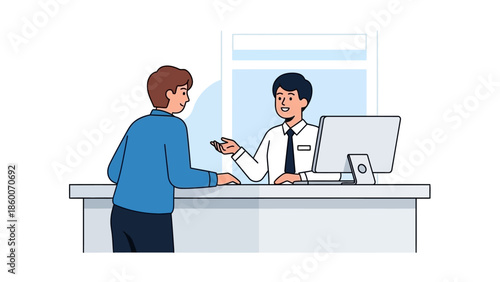 Professional customer service representative providing efficient assistance to a client at a modern service desk, demonstrating helpful support and clear communication