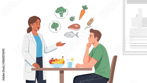 Professional Nutritionist Providing Expert Guidance on Healthy Eating Habits and Personalized Diet Plan to a Male Patient During a Wellness Consultation