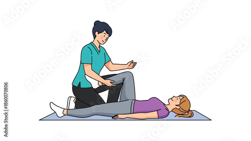 Dedicated physical therapist guides female patient through leg rehabilitation exercises on a mat, emphasizing recovery, health, and improved mobility