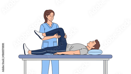 Professional physical therapist assisting a male patient with targeted leg exercises for rehabilitation and recovery in a clinic setting, promoting health and wellness through guided movement therapy