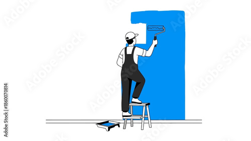 Stylized illustration of a person in overalls carefully applying vibrant blue paint to an interior wall, symbolizing home renovation, DIY projects, and the process of refreshing a living space