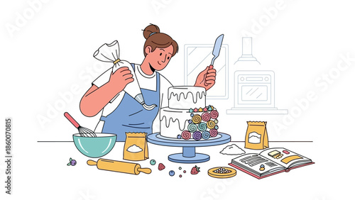 Joyful woman meticulously decorates a delicious two-tier fruit cake with frosting and a piping bag in a cozy kitchen setting, celebrating the art of home baking and culinary creativity