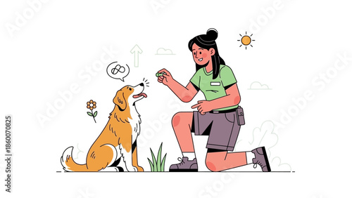 Happy pet owner engaging in positive reinforcement training with her obedient dog outdoors, fostering a strong bond and teaching new commands under a warm sun