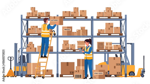 Warehouse operations illustration showing workers managing inventory on shelves. Forklifts and pallet jacks aid in efficient logistics and distribution
