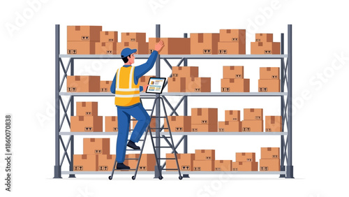 Efficient warehouse worker on a ladder managing inventory with a digital tablet, overseeing stock control and logistics operations for optimal supply chain management in a modern distribution center