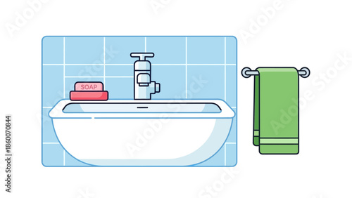 Modern flat design illustration of a bathroom sink, faucet, and towel rack, emphasizing essential daily hygiene routines and a clean home environment
