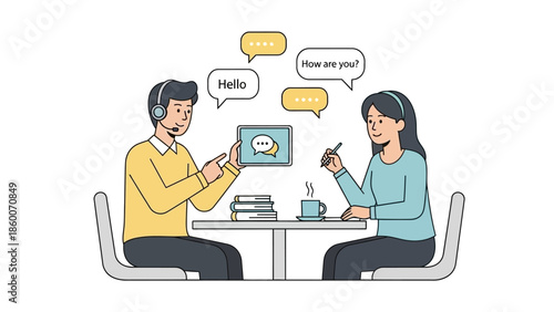 Virtual Language Exchange and Online Translation Service Concept for Global Communication and Educational Support, Featuring Diverse Learners Interacting Digitally