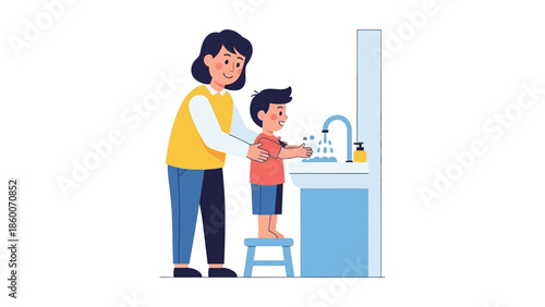 Nurturing parent guiding a child through the important routine of hand hygiene, promoting health and cleanliness as a vital life habit