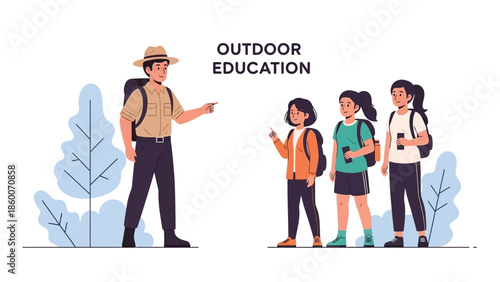 Engaging outdoor education scene with a passionate guide teaching young students about nature, promoting environmental awareness and scientific exploration