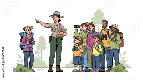 Park ranger guiding a curious family on an educational outdoor adventure, pointing out fascinating natural wonders during a scenic hike, promoting discovery and appreciation