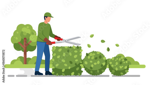 Professional gardener expertly trims vibrant green bushes, meticulously shaping a beautiful garden landscape with specialized shears and dedicated care for outdoor greenery