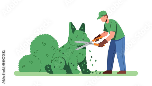 A dedicated gardener carefully trims and shapes a large green bush into an intricate rabbit sculpture, showcasing horticultural artistry and garden care