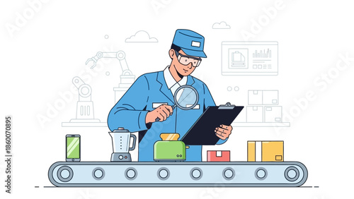 Diligent quality inspector overseeing production line, meticulously examining consumer goods for superior manufacturing standards and robust product integrity