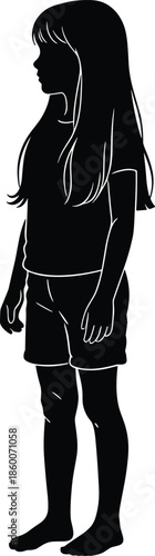 Child silhouette, standing pose, black figure, long hair, barefoot child, casual stance, vector design, minimal illustration