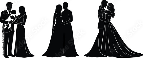 Couple silhouettes, romantic poses, family moment, kissing scene, parent child, black figures, vector design, love illustration