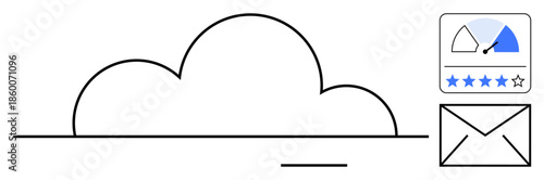 Cloud computing concept. Cloud graphics linked to digital communication, performance evaluation, and service ratings. Cloud computing aids storage, efficiency, and communication. Suitable