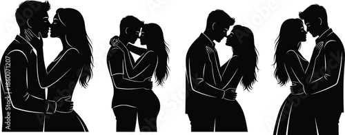 Kissing couples, romantic silhouettes, black figures, love pose, intimate embrace, vector design, affection scene, minimal illustration