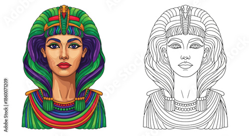 Detailed Egyptian Queen Portrait: Line Art Sketch and Color Illustration Comparison