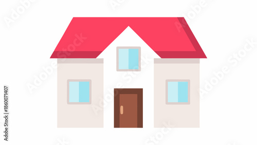 Flat geometric house design with red roof brown door and white walls