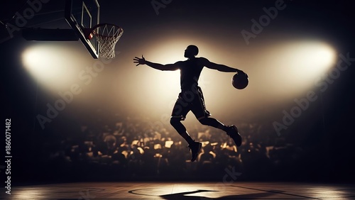 Silhouette of a basketball player in mid air ready to dunk the ball