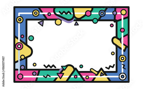 Vibrant memphis design frame with colorful geometric shapes