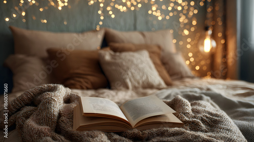 A cozy bedroom with brown pillows and books on the bed against a white wall. Home interior background illustration.