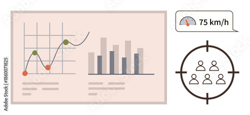 Graphs with line and bar charts, speed indicator, and audience target icon. Ideal for business strategy, data analysis, performance tracking, marketing, decision-making, efficiency simple flat