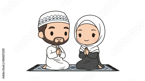 Muslim Couple Praying in a Mosque with Quran and Prayer Beads