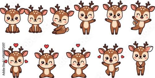 Kawaii cute baby reindeer character set with various poses and expressions for Christmas holiday winter greeting card design.