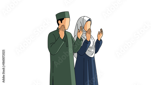 Elderly Muslim man and woman in traditional attire engaging in prayer rituals
