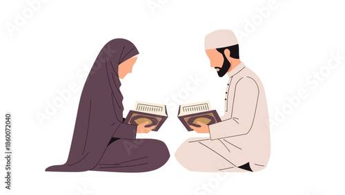 Muslim couple reading the Quran during prayer at home