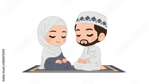 Muslim couple sharing traditional meal during Ramadan Iftar in a mosque setting