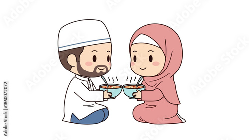 Muslim man and woman exchanging a traditional birthday cake in a respectful celebration