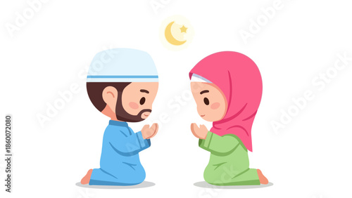 Childrens Prayer Scene with Boy and Girl Wearing Traditional Attire