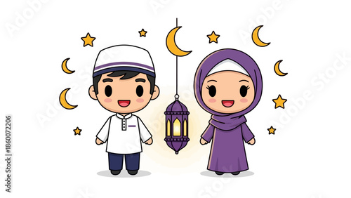 Cute Muslim Couple and Islamic Decorations