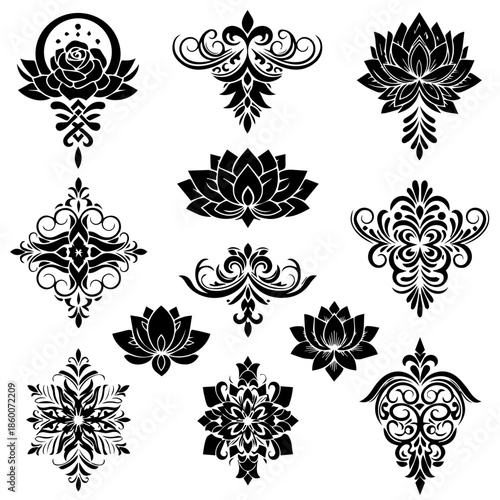 A collection of intricate black and white floral designs and patterns on a plain white background
