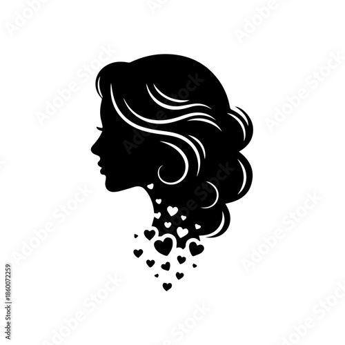Woman's silhouette with flowing hair and hearts surrounding her profile in a simple illustration