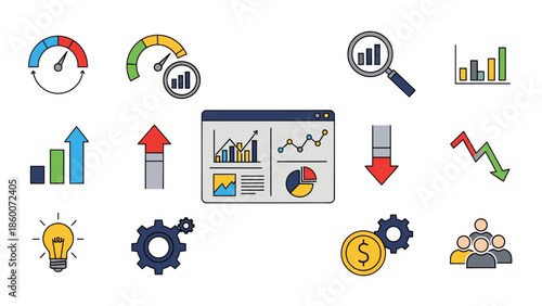 Various business-related icons surrounding a central computer screen displaying graphs and charts