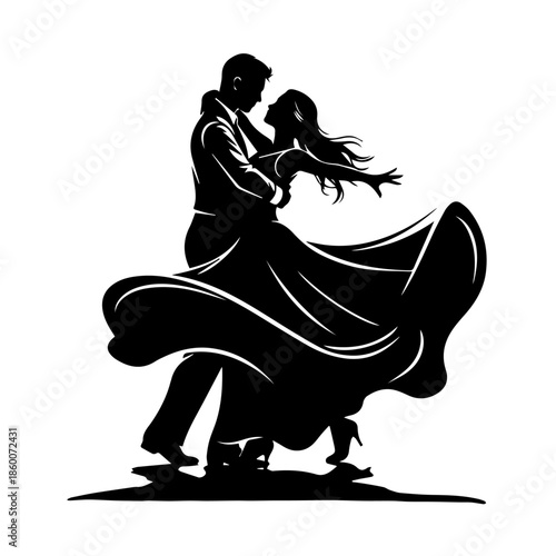 Couple dancing together in a romantic waltz, captured from a side view.