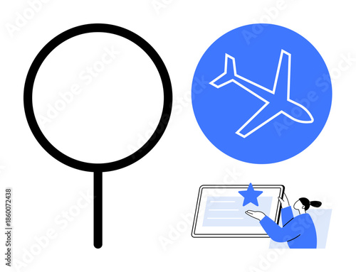 Travel search, online booking, user reviews, customer experience, navigation, tourism exploration. A magnifying glass, airplane symbol and a person with a tablet. Travel search and online booking