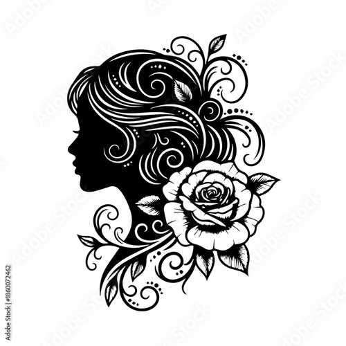 A woman's silhouette with flowing hair and a rose in her hair