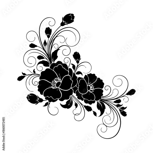An elegant black floral arrangement with intricate swirls and leaves on a white background from a front viewpoint.