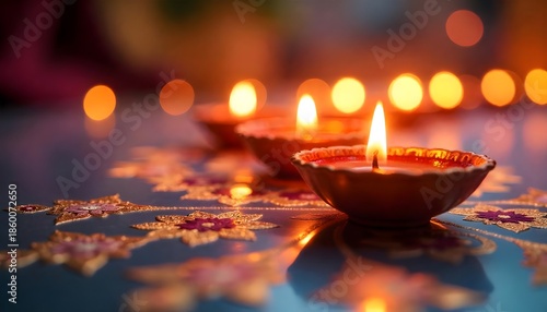 Diwali Festival Background Featuring Glowing Diyas and Mandala Design